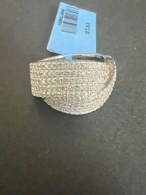 Dazzling Silver with Natural Diamond Pavé Dome Ring Size 5